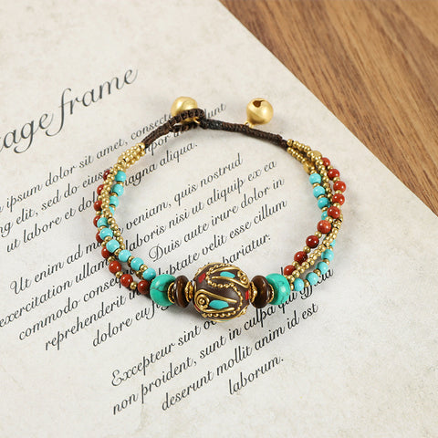 Retro Nepalese Ancient Law Copper Bead Bracelet Women's Tibetan Ethnic Style Personalized Simple Weaving Blue Bracelet M5010668