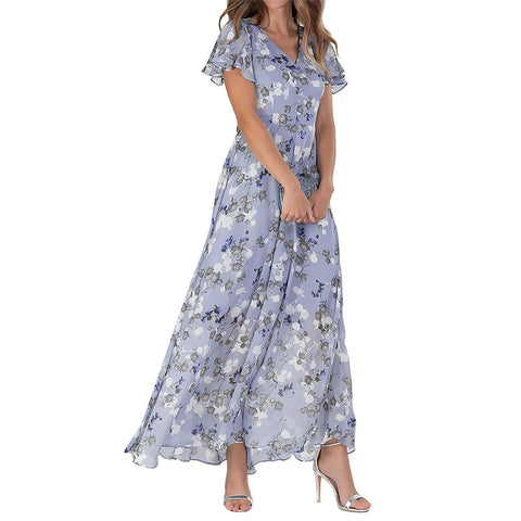 Big pendulum long dress V-neck short-sleeved printed chiffon dress m301544