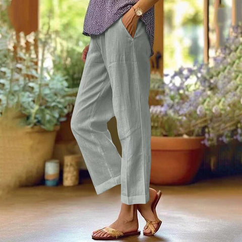 Cotton and linen loose solid color elastic waist pocket straight casual pants m301571