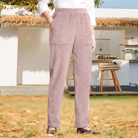 Women's solid color elastic waist striped straight casual pants women's m301568