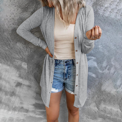 Long button solid color casual long sleeved cardigan women's m300020