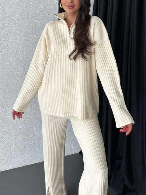 Women's solid color zipper knitted suit turtleneck pit strip loungewear two-piece set m301792