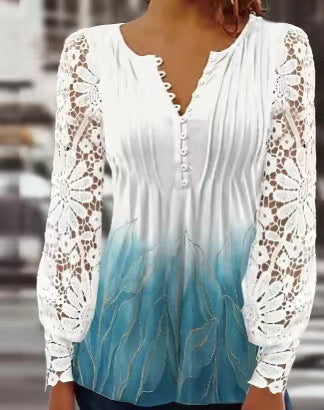 Lace Sleeve Pleated Solid Color Button T-Shirt Bottom Shirt m301333