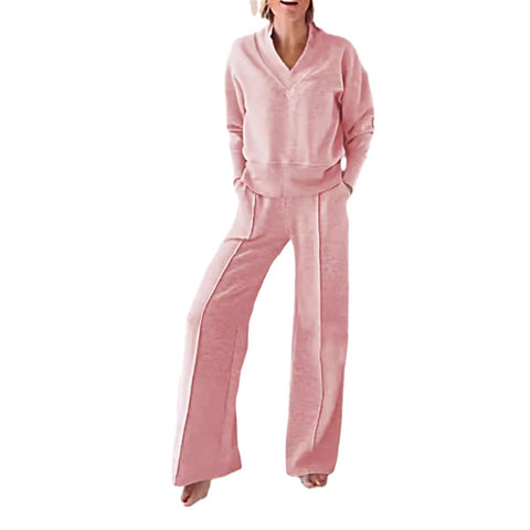 V-neck long-sleeved loose top wide-leg pants two-piece set m301327