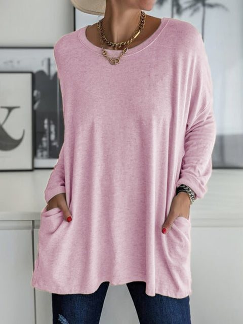 Crew neck long sleeve loose pocket solid color T-shirt casual women's clothing m301315