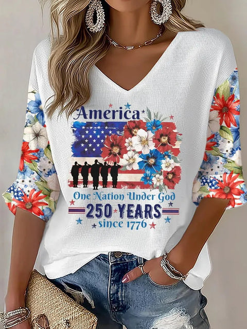 Down shoulder V-neck seven-quarter sleeve 3D printed women's top T-shirt m302844