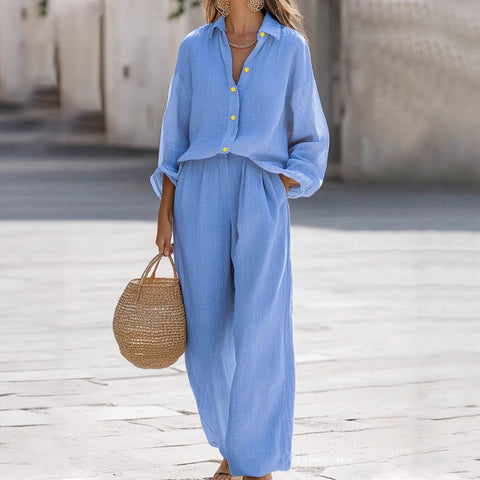 Casual lapel long-sleeved shirt trousers cotton multi-color women's suit FF303104