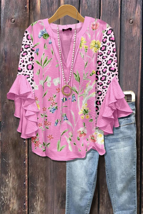 Creative floral element printing digital printing casual trend V-neck lotus edge T-shirt women's top m301778