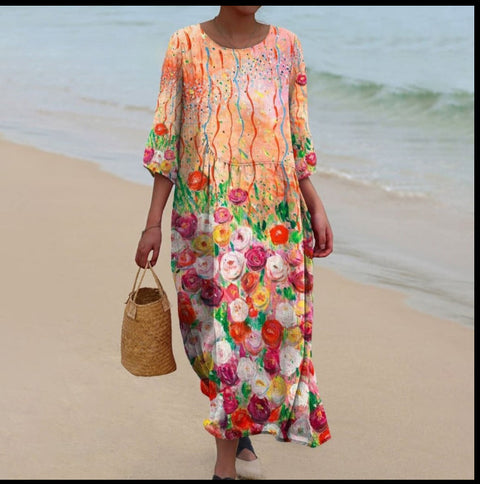 Robe longue à col ras du cou pour femme, imprimée, décontractée, tendance, m301059