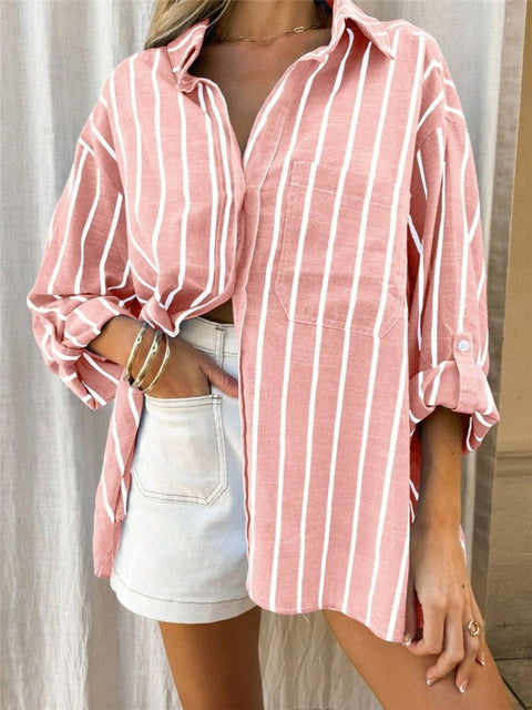 Spring and summer loose polo collar striped pocket armband shirt m302119