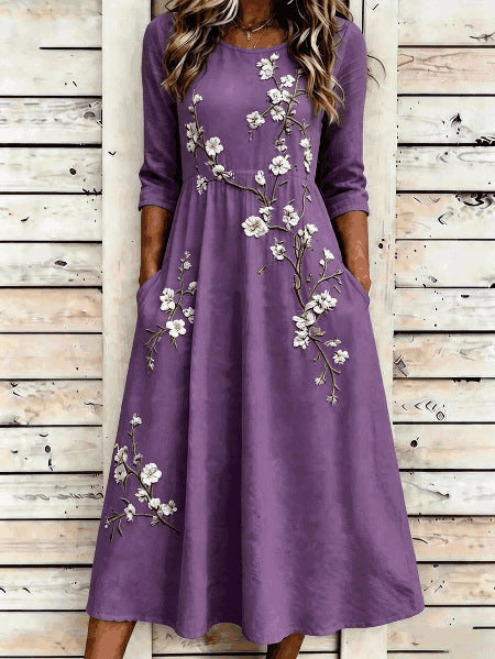Creative floral elements seven-quarter sleeve long dress casual loose pocket dress m302768