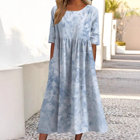 Women's Fashion Loose Floral Print Crew Neck Short Sleeve Pocket Dress m302800