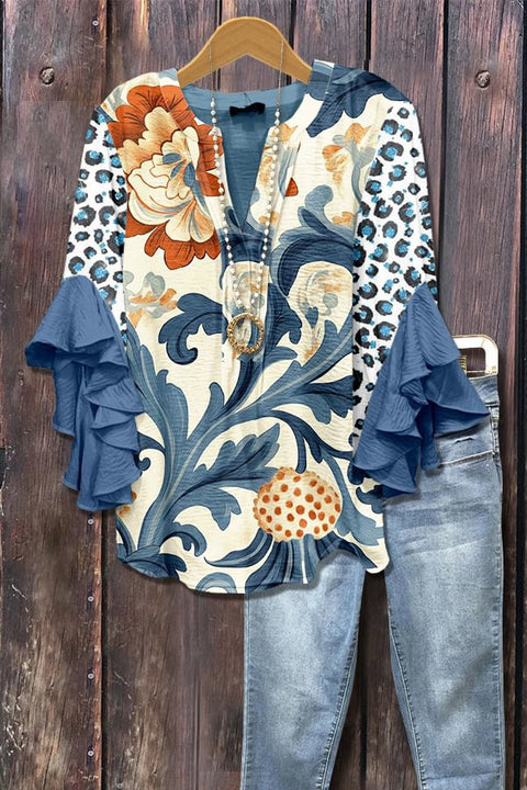 Kreativer Digitaldruck mit Blumenelementdruck, lässiger Trend, V-Ausschnitt, Lotuskante, T-Shirt m301358 