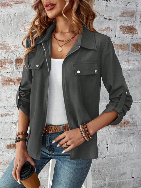 lapel zipper cardigan purse hat solid color long sleeve jacket m300675