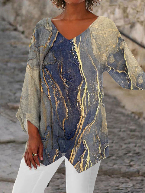 Women's printed animal natural scenery V-neck nine-quarter sleeve loose T-shirt m301289