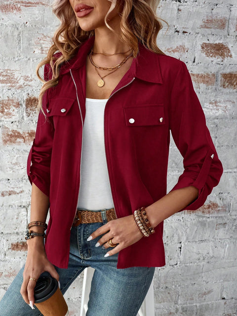 lapel zipper cardigan purse hat solid color long sleeve jacket m300675