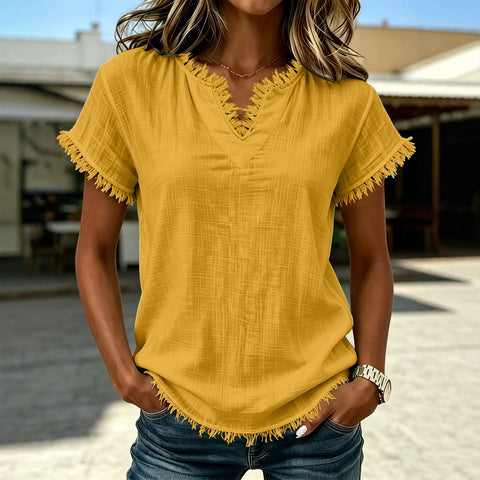 Spring and summer retro casual V-neck fringed short-sleeved top FF303161