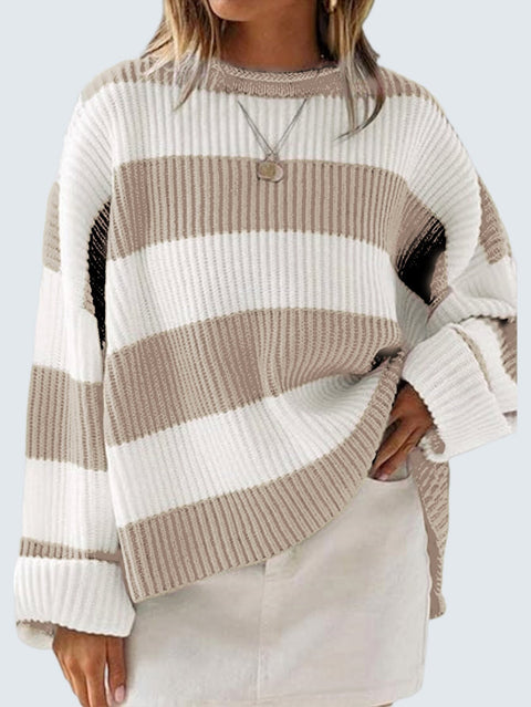 Crew neck long sleeve striped knitted sweater flared sleeve loose sweater women m301591
