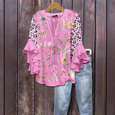 Kreativer Digitaldruck mit Blumenelementdruck, lässiger Trend, V-Ausschnitt, Lotuskante, T-Shirt m301358 
