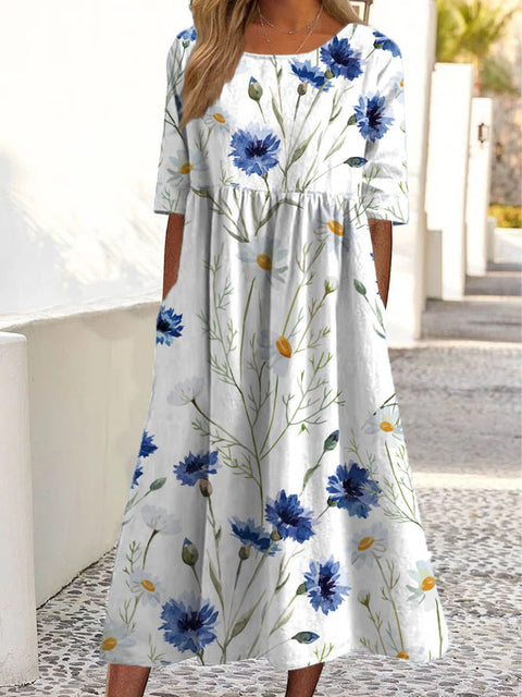 Women's Fashion Loose Floral Print Crew Neck Short Sleeve Pocket Dress m302800