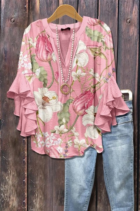 Creative floral element printing digital printing casual trend V-neck lotus edge T-shirt women's top m301778