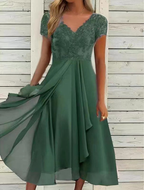 Chiffon splicing v-neck lace hollow dress m301252