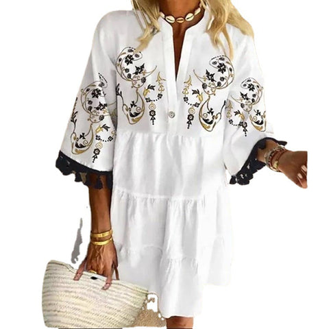 Cute Temperament Printed Tassel V-neck Short Dress M300195
