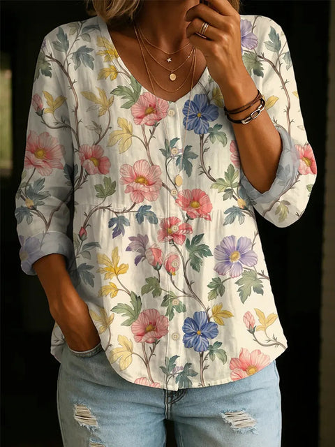 Crew Neck Women's Floral 3D Printed Henley Shirt m303180