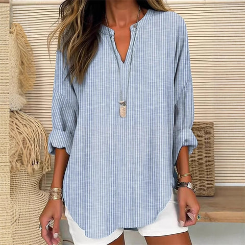 Small V-neck button-down shoulder long-sleeved women's T curved hem clothes m301361