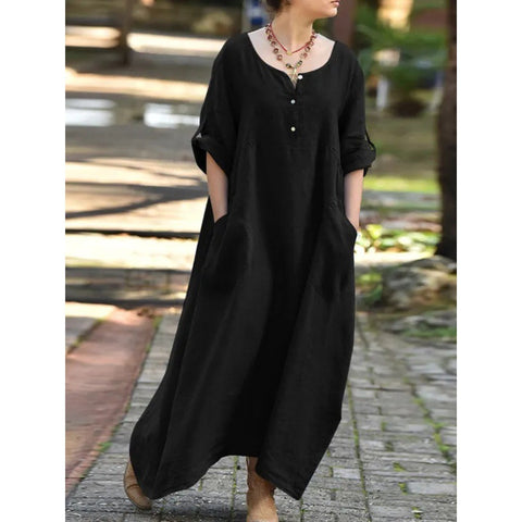 Women's Casual Loose Flip Sleeves Long Sleeves Crew Neck Pocket Large Size Cotton and Linen Dress Women's M302067
