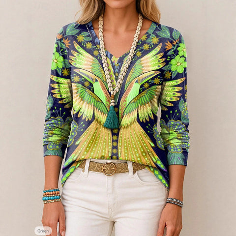 Printed loose long-sleeved V-neck T-shirt m301566