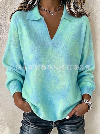 Digital Printed Women's Christmas Lapel Long Sleeve Solid Color Knitted Fleece Sweater FF303269