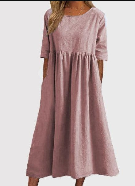 New cotton and linen casual short-sleeved pocket pleated loose round neck dress m300890