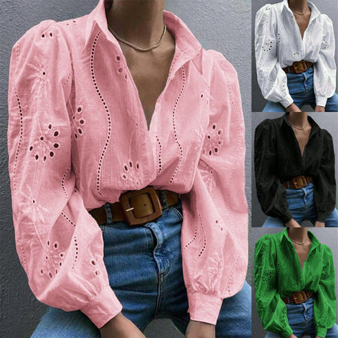 New single-breasted solid color embroidery loophole long-sleeved lapel shirt women's upper m301024