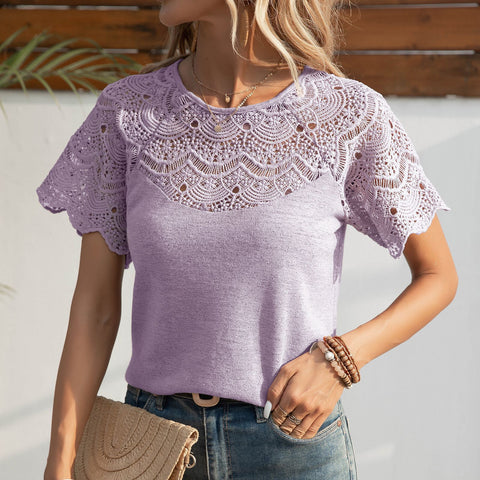 New European and American fashion crew neck lace splicing shoulder-plugged short-sleeved T-shirt top m302651