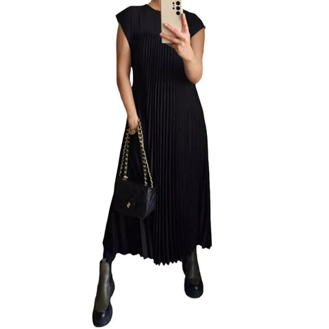 Fashion round neck sleeveless pleated dress m301308