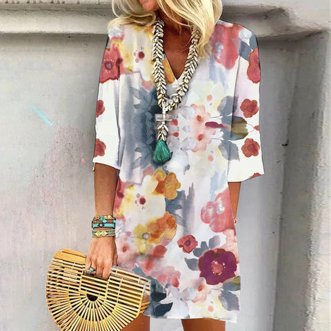 Medium sleeve watercolor small flower print pocket dress m300739
