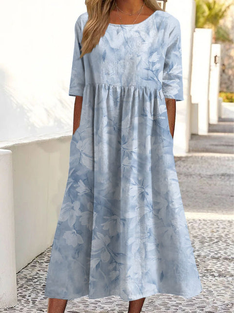 Women's Fashion Loose Floral Print Crew Neck Short Sleeve Pocket Dress m302800