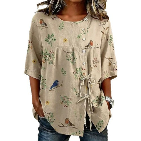 Color matching loose blouse five-button drawstring m302924