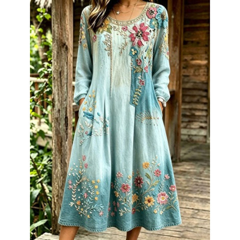 Mid-waist women's casual crew neck print women's dress FF303278