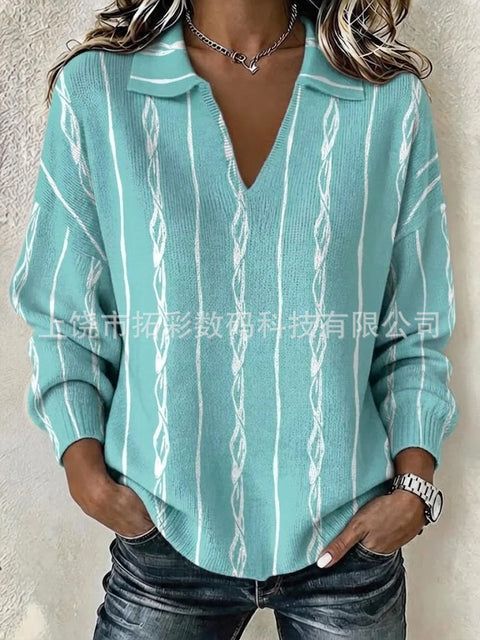 Digital Printed Women's Christmas Lapel Long Sleeve Solid Color Knitted Fleece Sweater FF303269