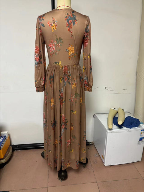 Long Sleeve Digital Printed V-Neck Long Dress, Dress m301981