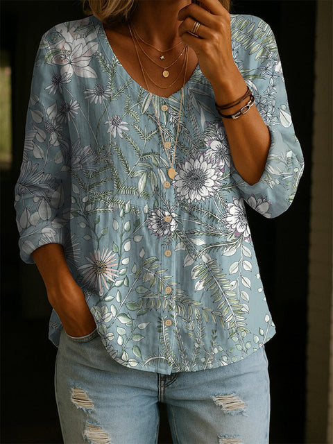 Crew Neck Women's Floral 3D Printed Women's Henley Shirt m302611