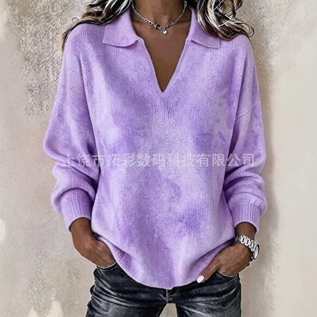 Digital Printed Women's Christmas Lapel Long Sleeve Solid Color Knitted Fleece Sweater FF303269