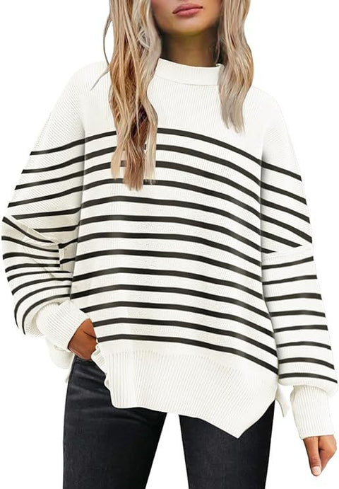 Crew neck bat wing long-sleeved sweater autumn knitted side slit jumper m301590