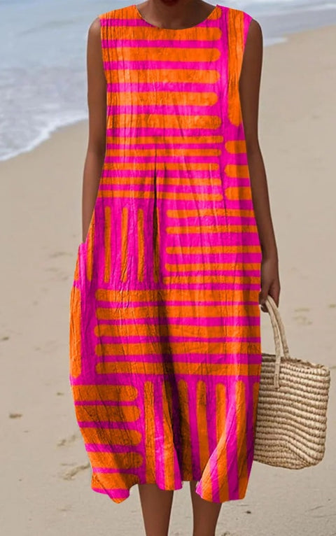 Summer sleeveless pocket casual print temperament long dress dress m302454