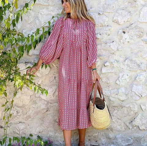 Geometric print bubble sleeve dress street fried street skirt m300902