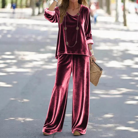 Casual V-neck pullover long sleeve plus trousers velvet multi-color women's suit FF303105
