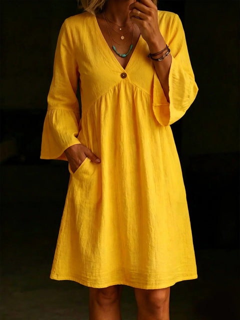 Elegant loose button V-neck solid color women's dress m302734