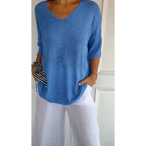 Casual sweater basic thin V-neck seven-quarter sleeve solid color knitted sweater women's bottoming shirt m301636